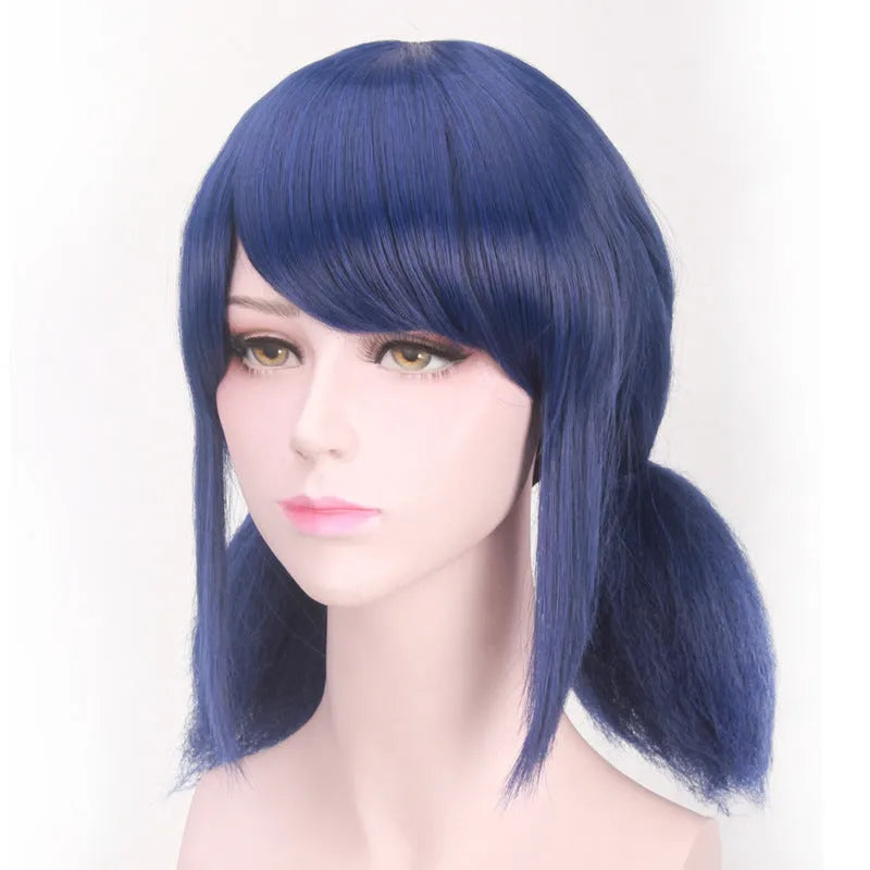 Mixed blue 35cm cosplay wig on stand with breathable inner net and adjustable buckle