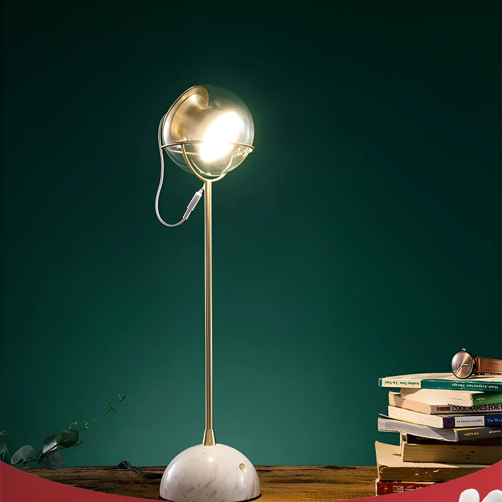 Creative glass desk lamp with dimmable touch switch and LED light on a wooden desk.