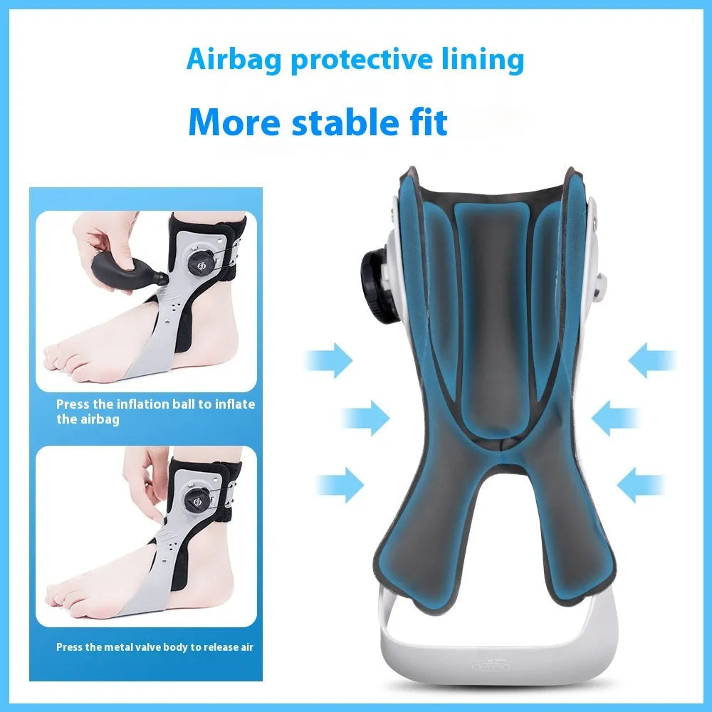 Grey and black ankle fixation brace with airbag button compression for training support
