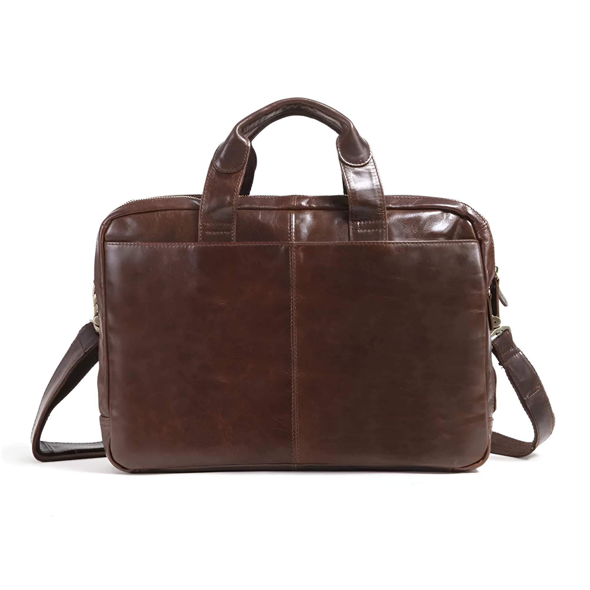 Brown leather men's business briefcase with 18-inch dimensions for laptop carrying