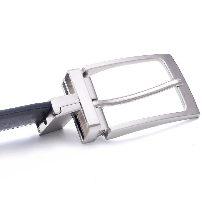 Men's brown black genuine leather belt with rotating alloy pin buckle shown at 120cm length