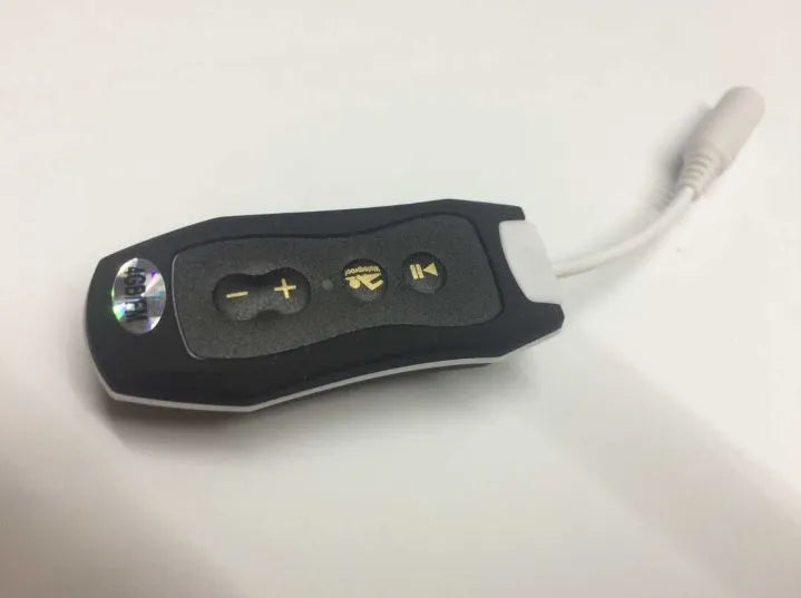 Compact black waterproof MP3 player for swimming with a connected earphone.