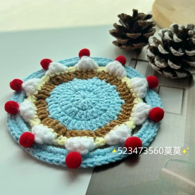 Round wool coaster set with decorative storage bag, each coaster measures 9cm diameter