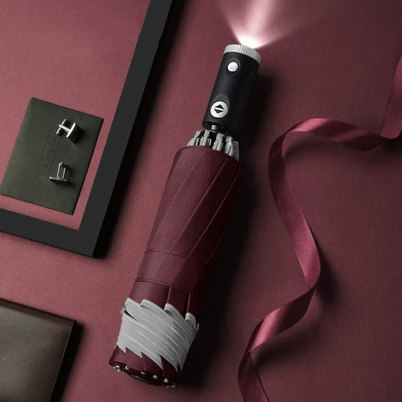Automatic reverse umbrella with 105cm blast cloth canopy, 10 glass fibre and aluminium alloy ribs, folded size 30cm.