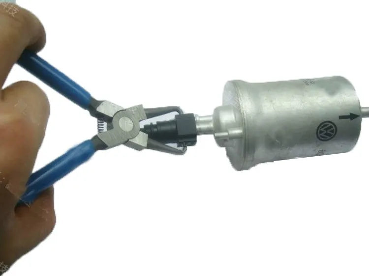 Caliper tubing pliers with iron construction and rubber-coated jaws for automotive fuel line connector work.