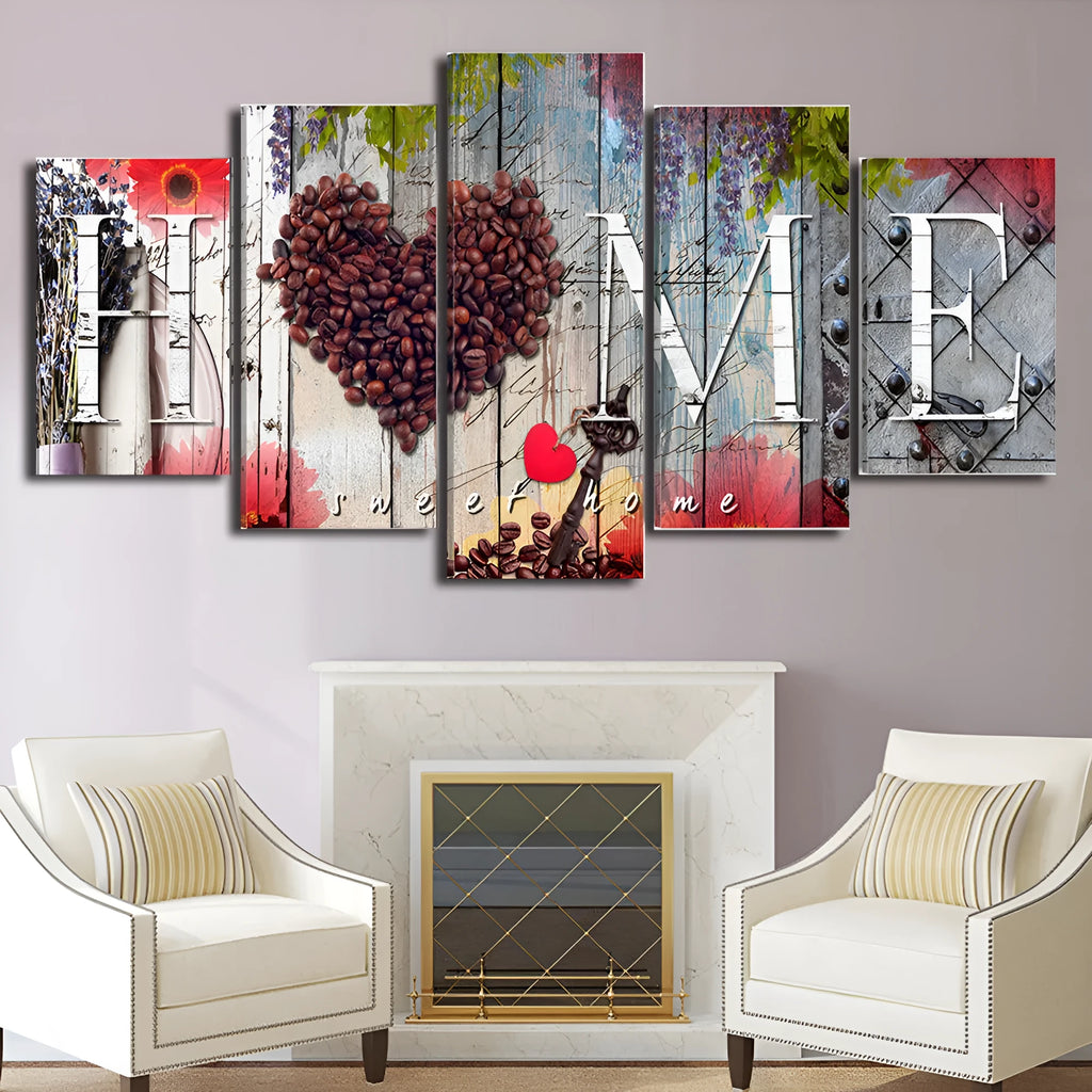 Set of five red oil painting decoration boards in coordinated sizes for gallery wall display