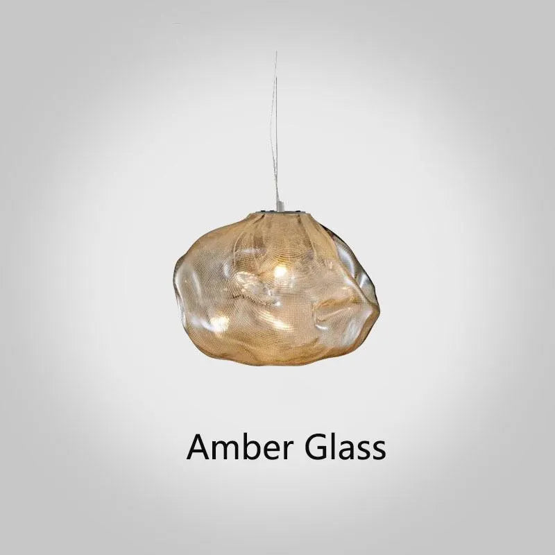 Modern fabric chandelier with glass shade in amber, clear, or smoke grey colour, shown in large and small size options.