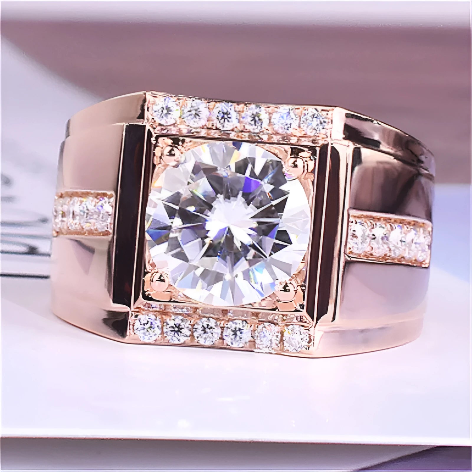 Men's geometric diamond ring with adjustable opening in rose gold, gold or platinum colours