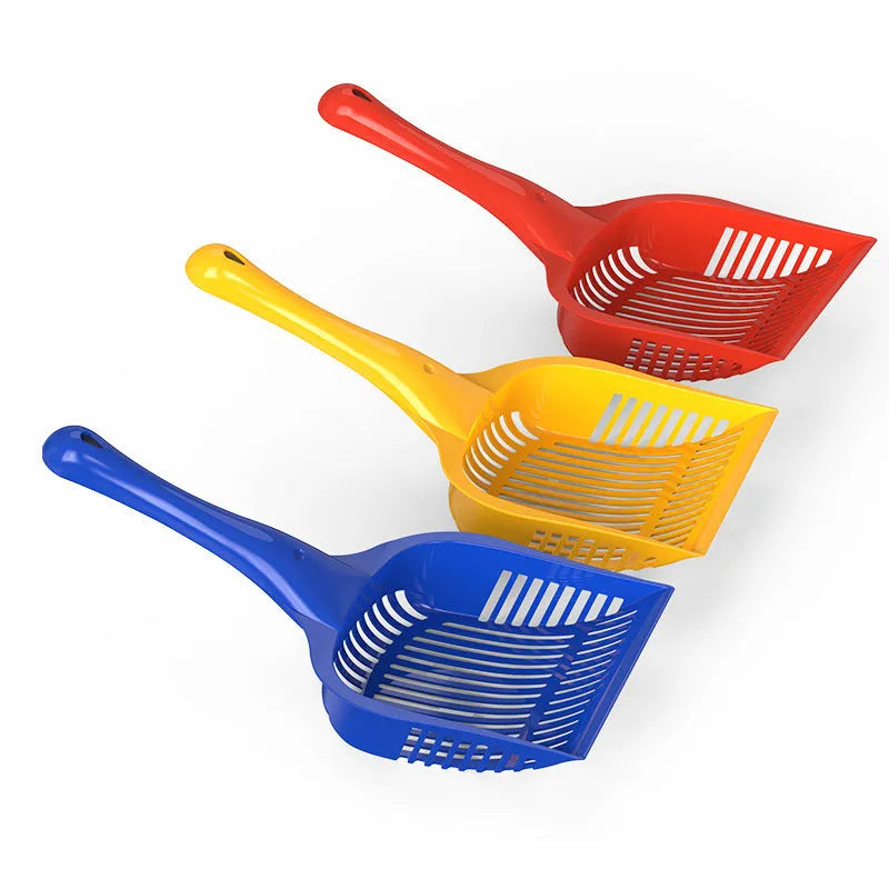 PP plastic cat litter scoop in red, yellow and blue colours showing small and medium size options