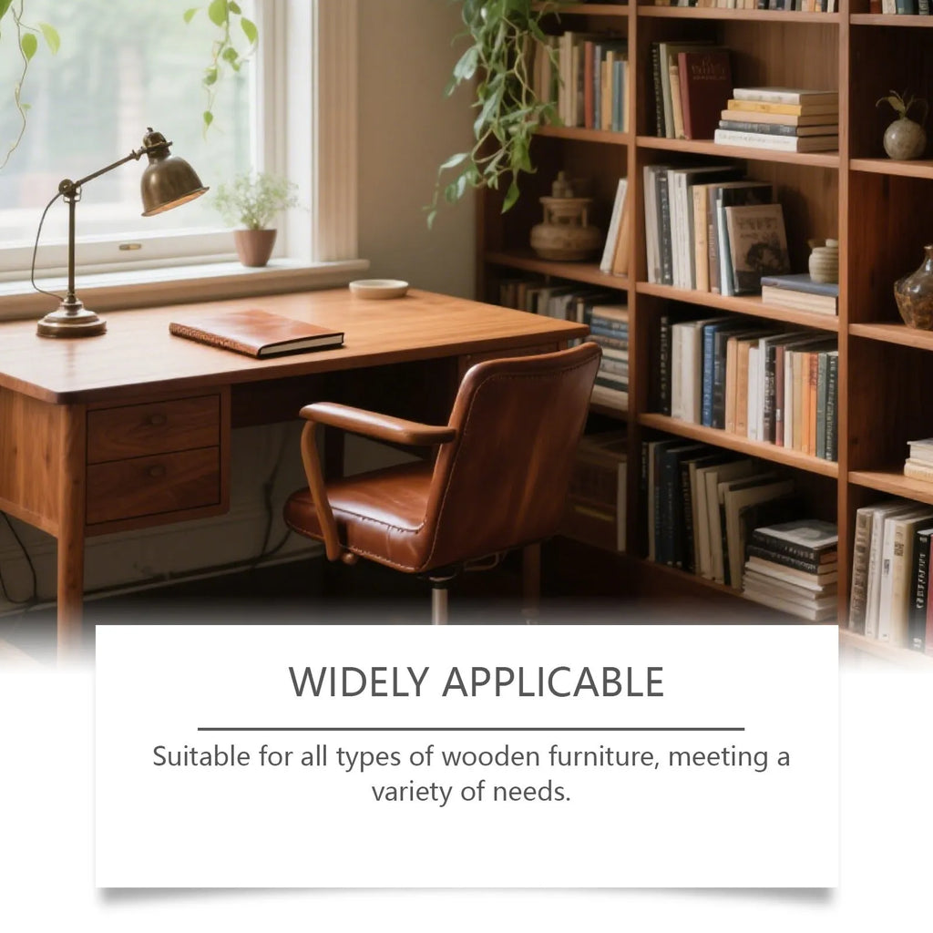100ml wooden furniture scratch care agent bottle and white microfiber towel on a wooden table.