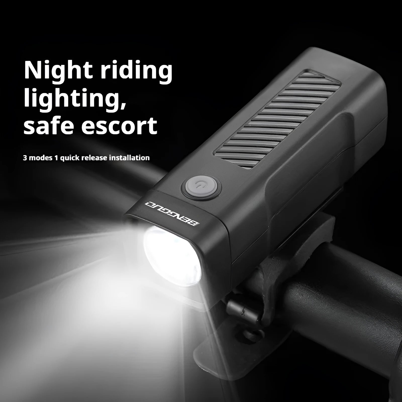 A black USB rechargeable bicycle headlight with a quick-release strap mount on a handlebar.