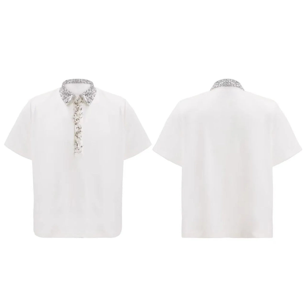 Men's black loose polo shirt with heavy embroidery and sequins on a square collar.