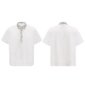 Men's black loose polo shirt with heavy embroidery and sequins on a square collar.