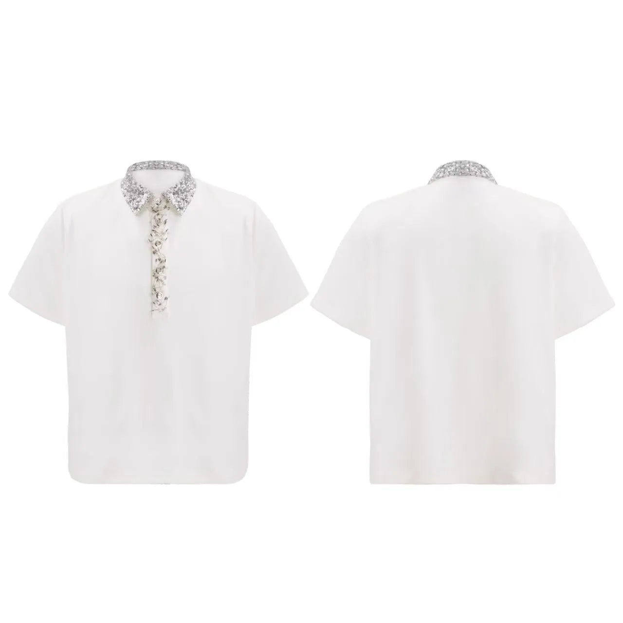 Men's black loose polo shirt with heavy embroidery and sequins on a square collar.