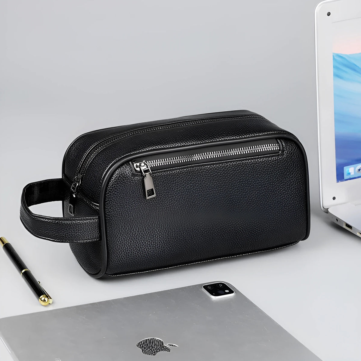 Men's business clutch bag in soft PU leather, large capacity, wear-resistant, available in black, dark blue and brown
