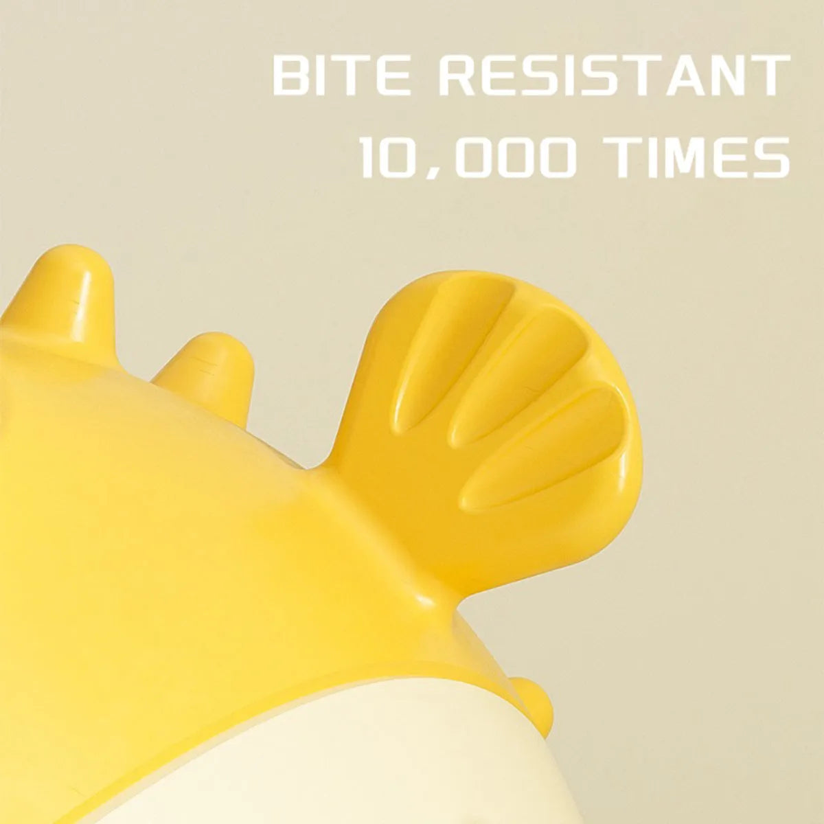 Yellow fish-shaped durable vinyl dog chew toy with textured surface and squeaker.