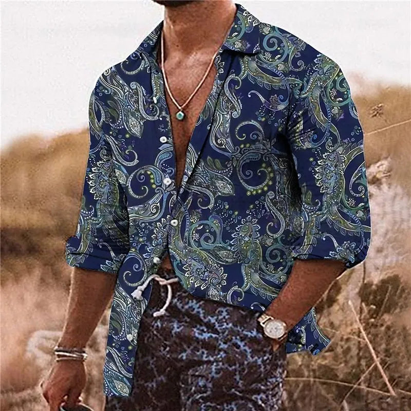 Man wearing a loose fit men's shirt with a detailed 3D floral pattern print on polyester fabric.