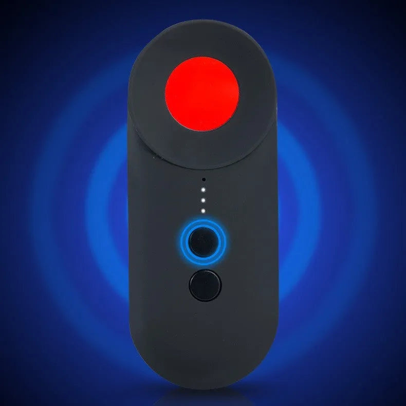 Black portable GPS and hidden camera signal detector showing compact size and Micro USB charging port.