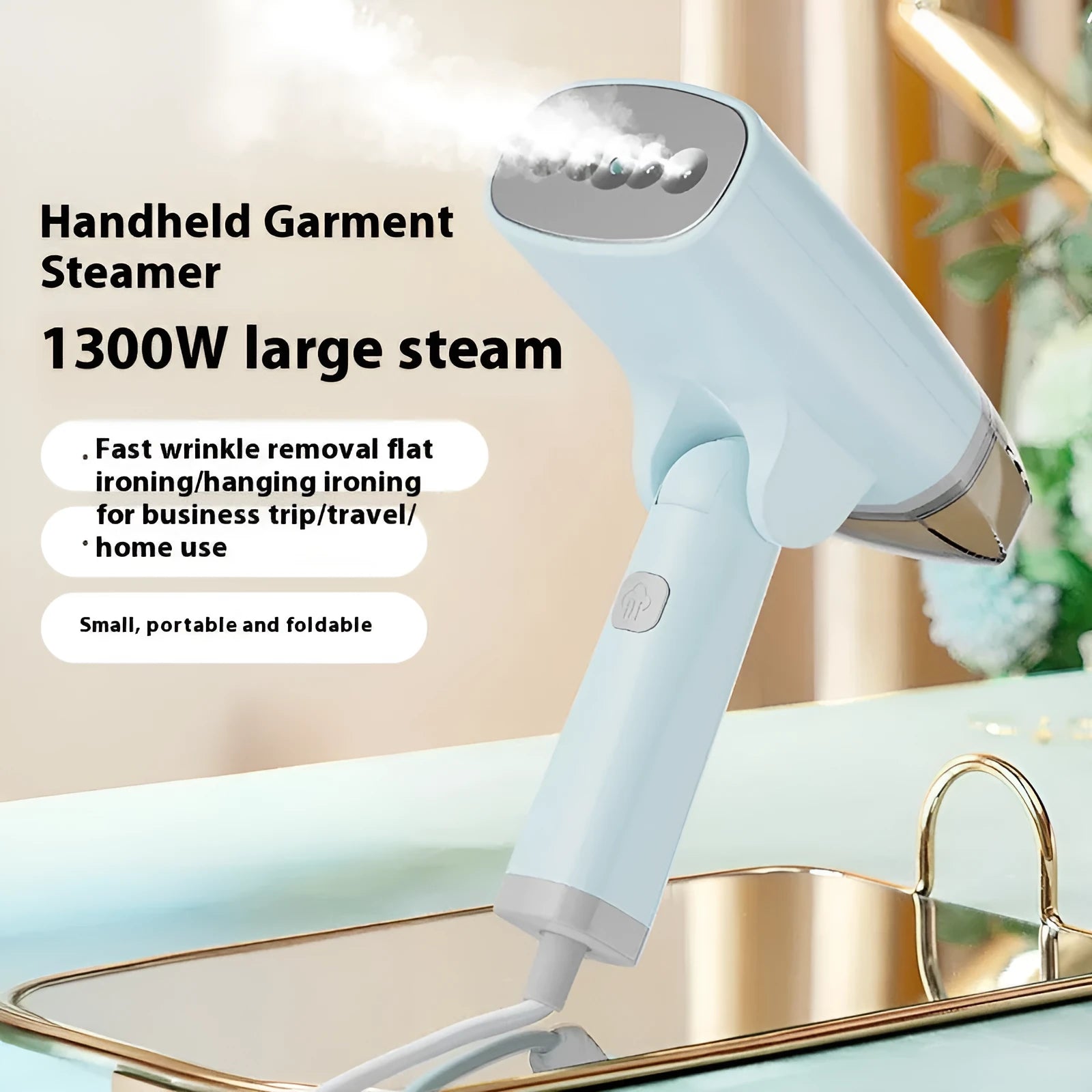 HB-668 handheld garment steamer in white or blue with mechanical controls and water tank