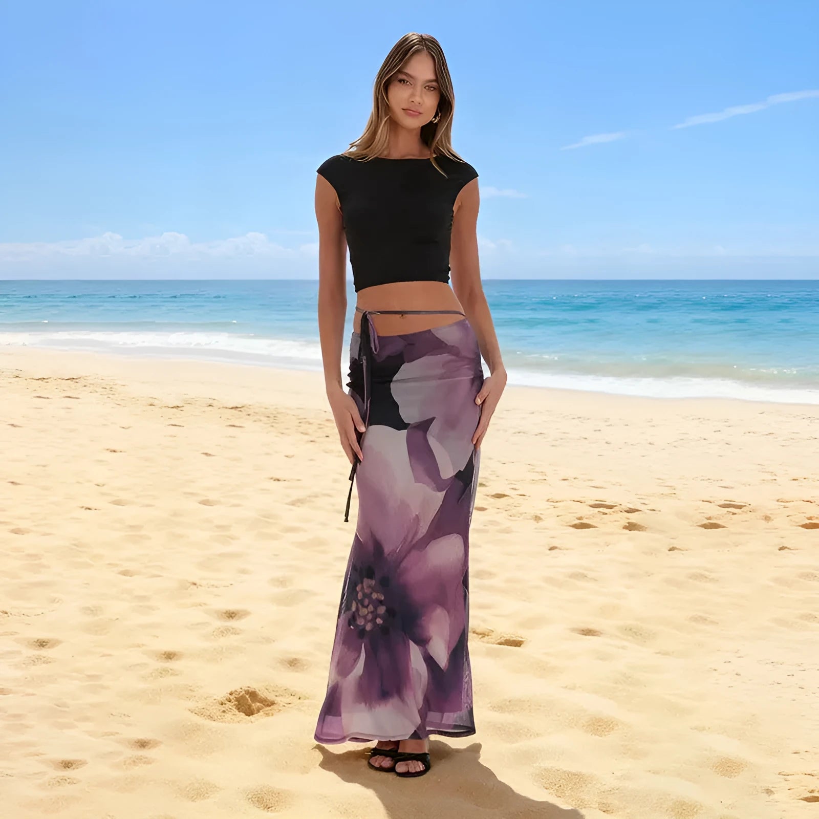Summer women's double-layer tie-draped long pencil skirt in milk silk fabric, pink colour, front view