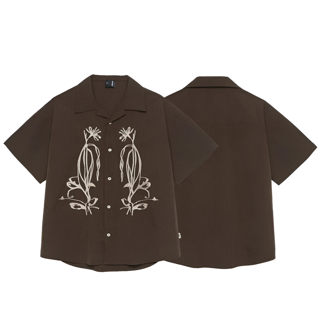 Men's brown striped Cuban collar short sleeve outdoor shirt