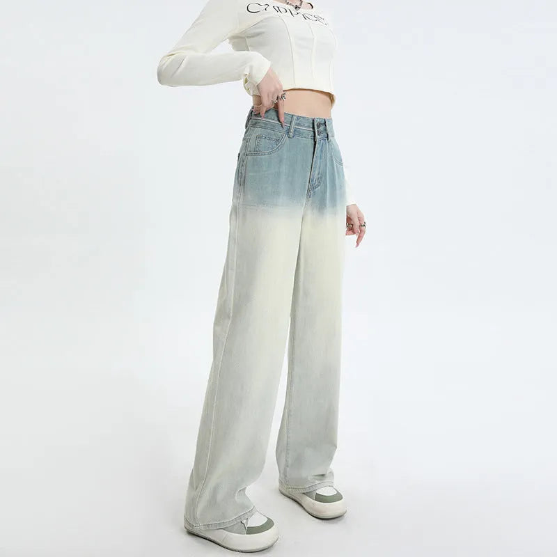 Women wearing HS 975 gradient blue straight-leg wide leg denim trousers.