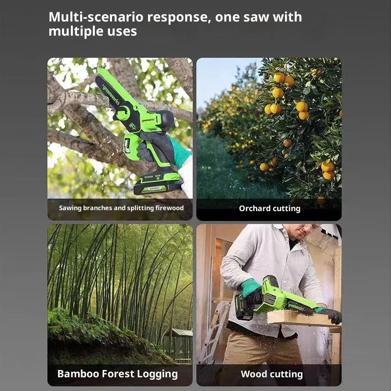 6-inch cordless electric chainsaw with 24V lithium battery, two batteries and a charger