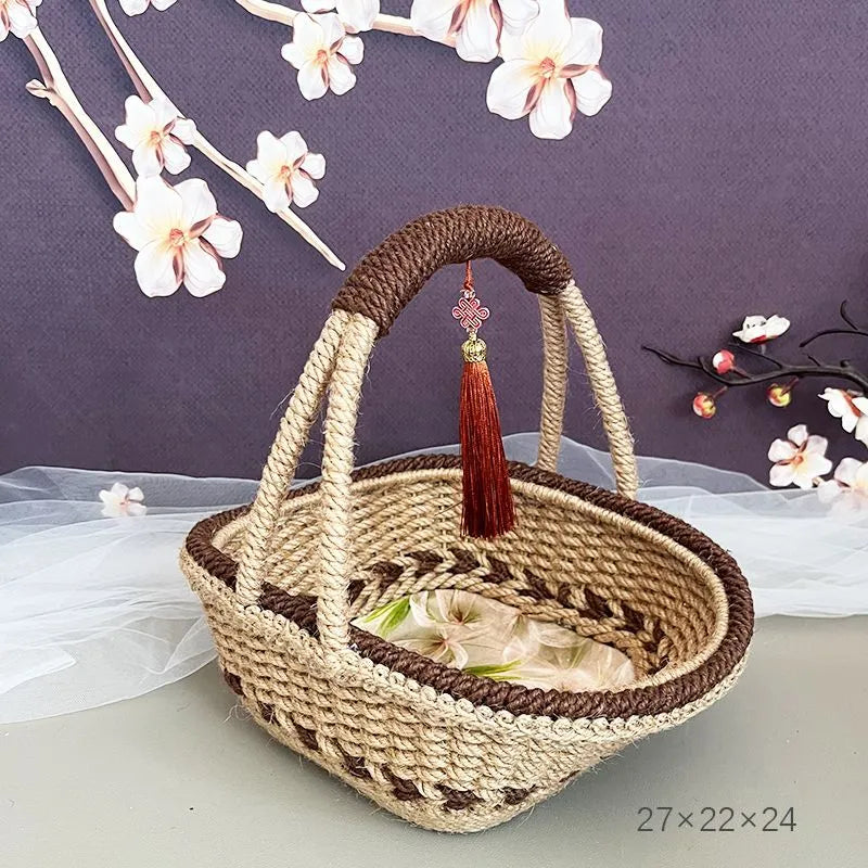 Coffee brown hand-woven hemp rope basket measuring 19 by 12 centimetres.