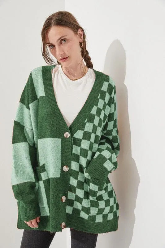 Women's loose fit printed checks pattern knitwear cardigan in polyester-spandex fabric