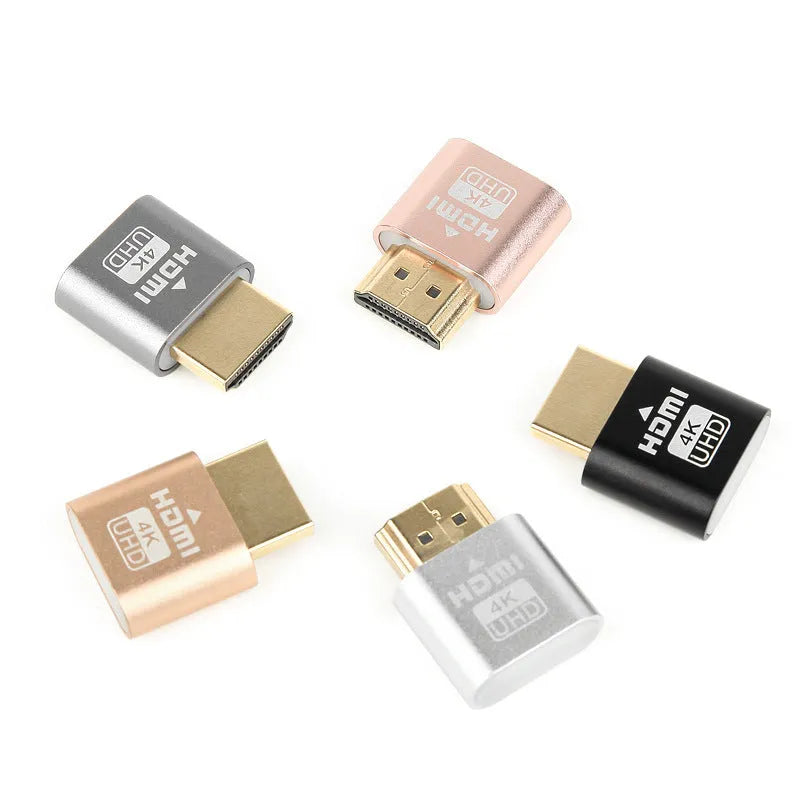 Compact 26.5mm HDMI dummy load plug for graphics cards in various connector colours.