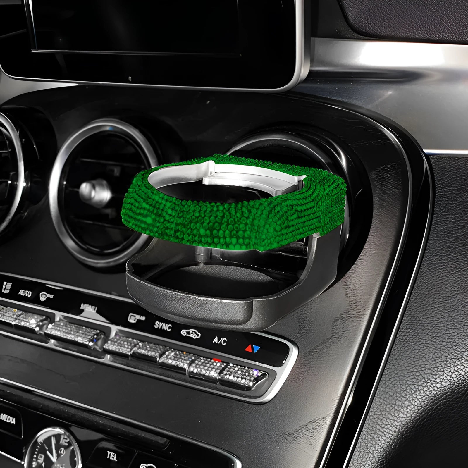 White diamond rhinestone car air vent cup holder bracket showing clip mechanism