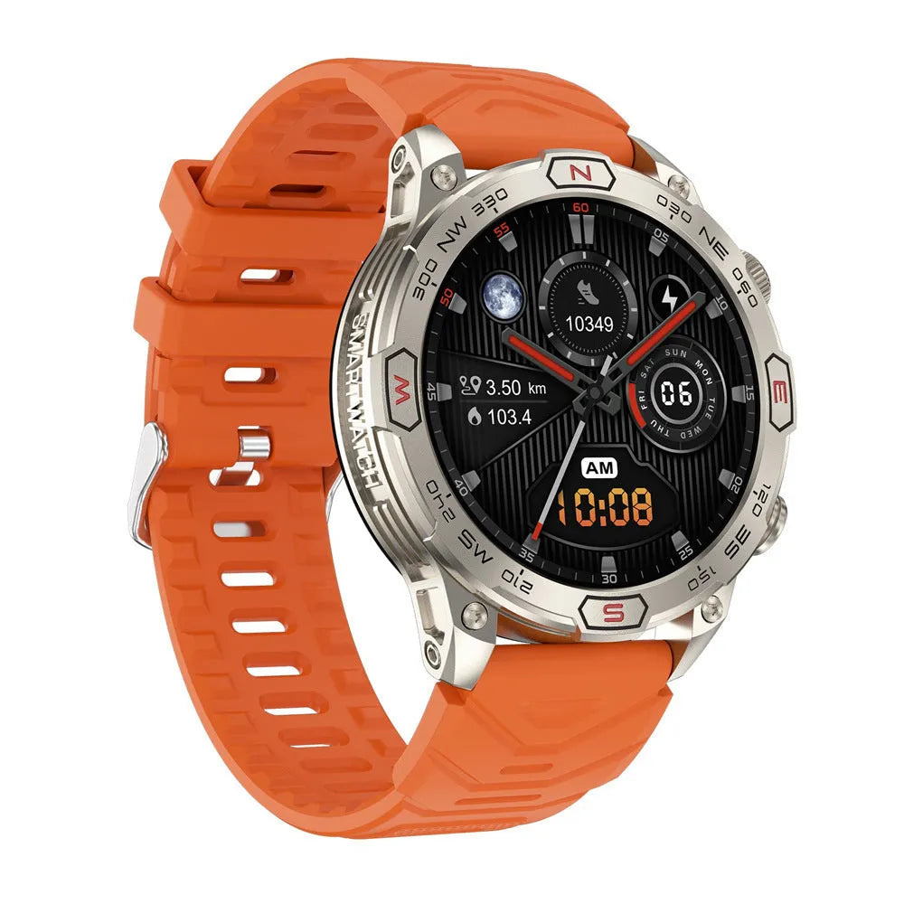 Black sports smartwatch with AMOLED display on a liquid silicone strap, showing fitness stats.