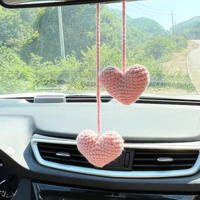 Green and white knitted car plant ornament with hanging rope for dashboard or mirror decoration