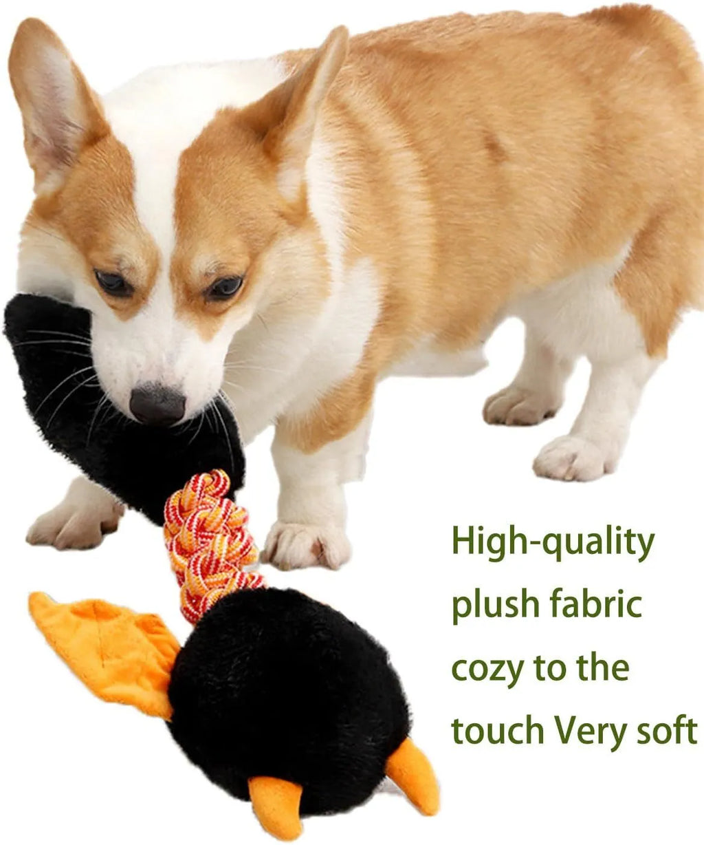Soft plush dog toy with cartoon design in black, green, or red, showing size scale.