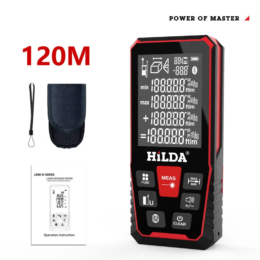 Plastic laser rangefinder device for measuring distances up to 120 metres.
