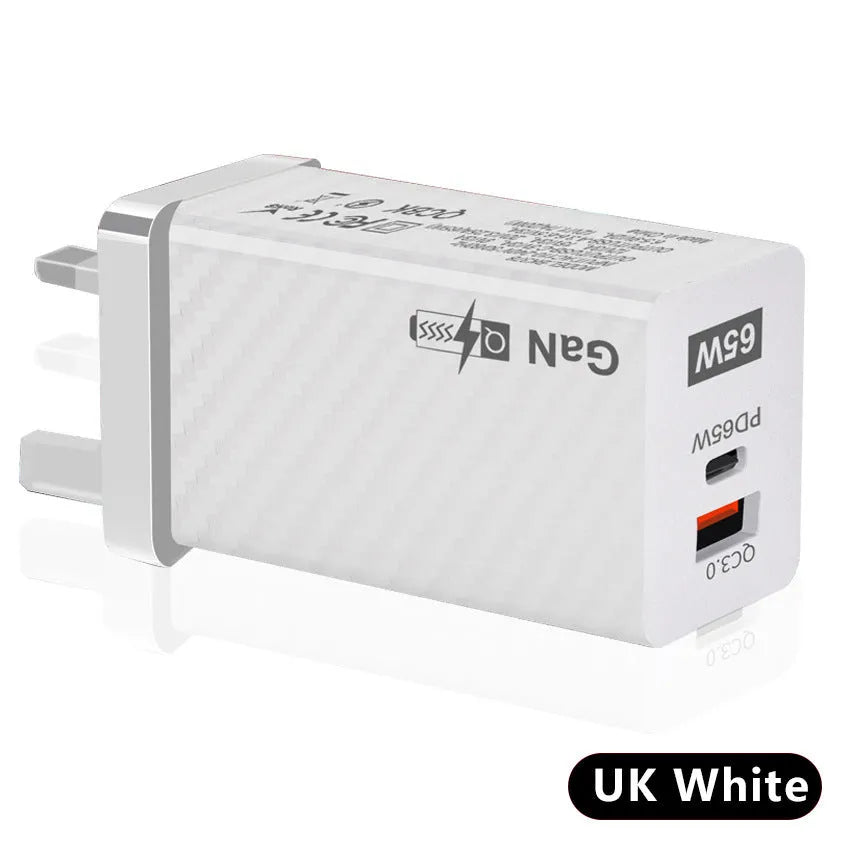 65W gallium nitride fast charger in black or white with compact rectangular design and USB-PD port