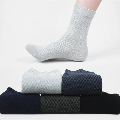 Men's bamboo fibre business socks in five neutral colours showing small square pattern