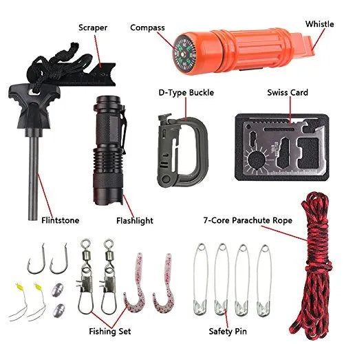 Black outdoor survival tool set box with compass, whistle, fire stick, carabiner, rope, and fishing accessories arranged on surface