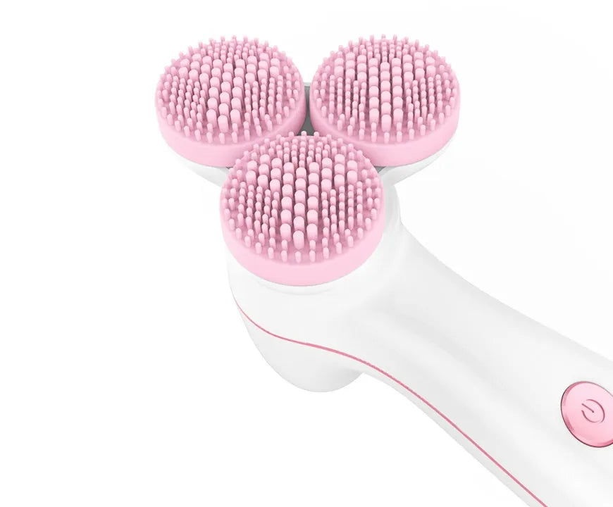 Three round 3D silicone facial cleansing instrument with double cleaning action, V-shaped muscle fit design, blue or pink