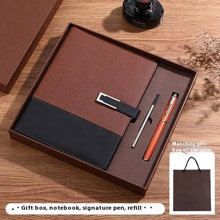 A5 leather notebook in choice of colours with gift box, open to show wood-free paper.