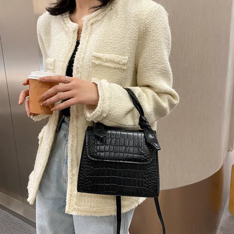 Small square retro armpit bag in PU with stone pattern, magnetic buckle, 120cm strap, Black Blue White Yellow