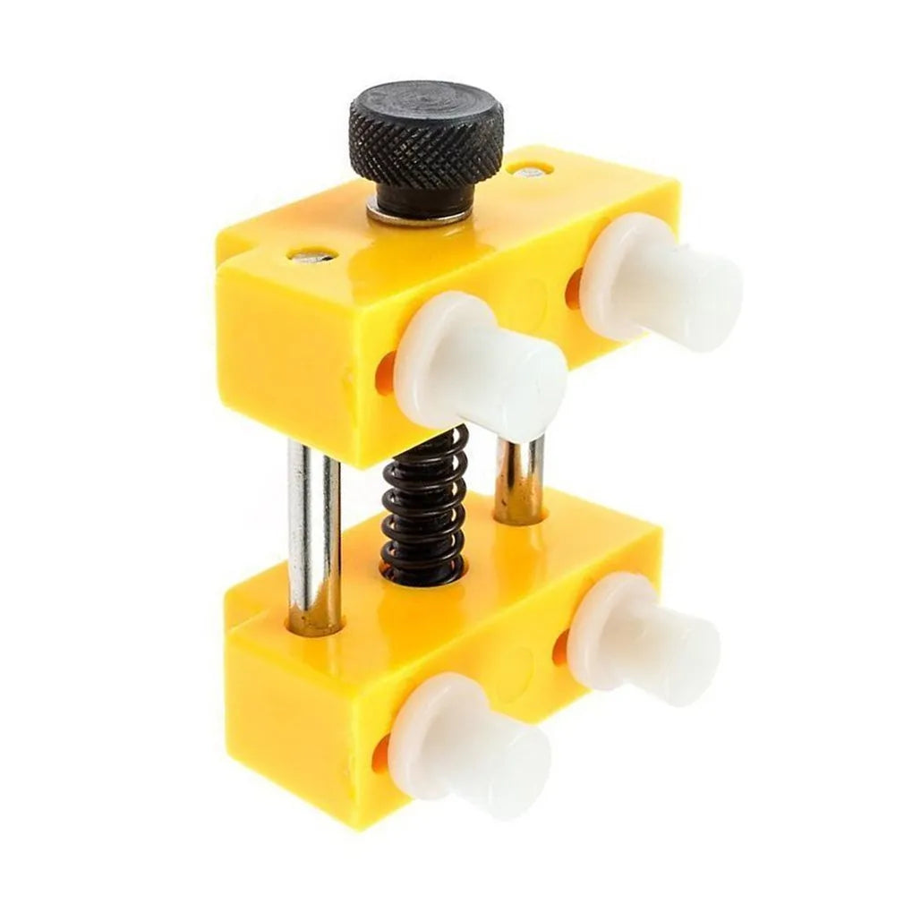 Watch repair case opener kit with plastic housing opener, yellow watch fixing base and four fixed pillars, 40 x 40 x 45mm