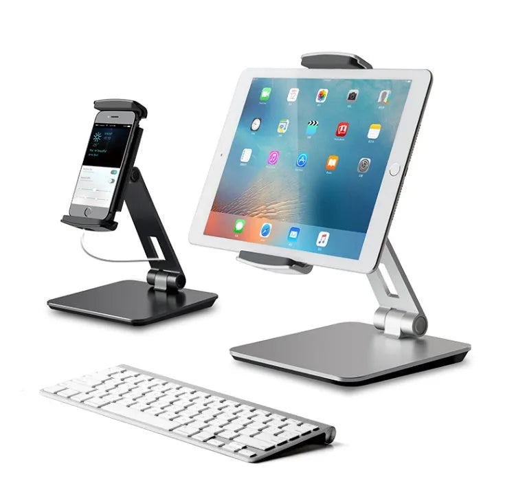 Foldable aluminium phone and tablet holder with 360° rotation in black colour