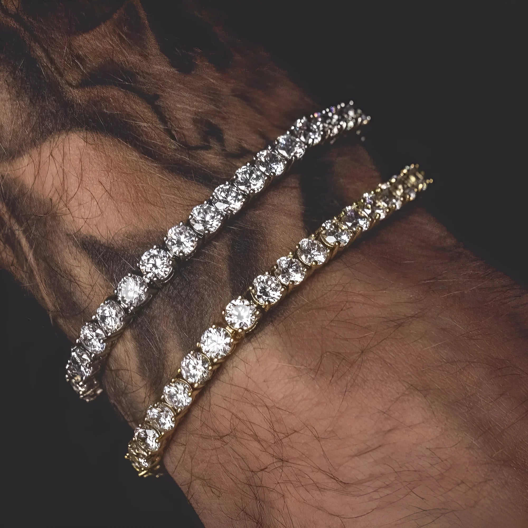 Men's silver alloy chain link bracelet with a single row of sparkling clear rhinestones.