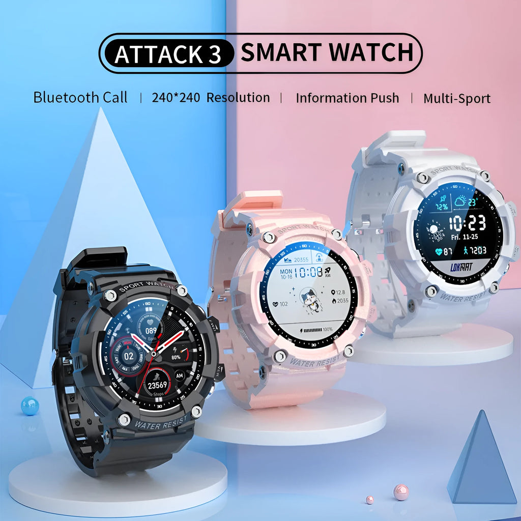 ATTACK 3 IP67 waterproof smartwatch in black with round colour screen on a TPU strap