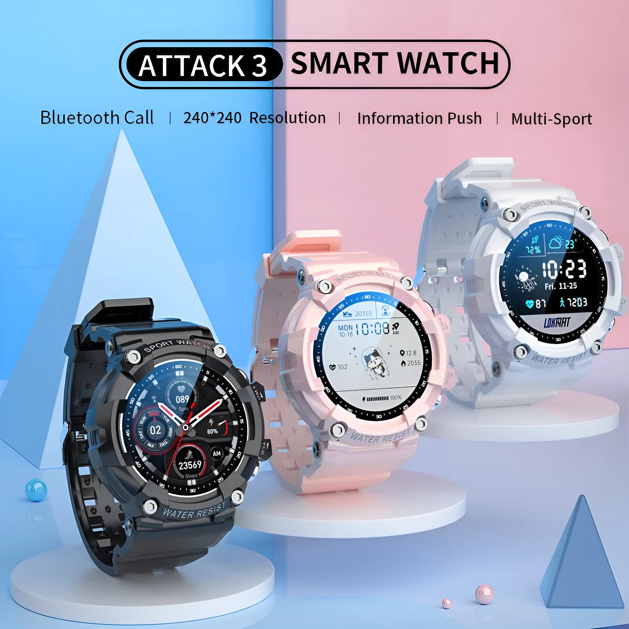 ATTACK 3 IP67 waterproof smartwatch in black with round colour screen on a TPU strap