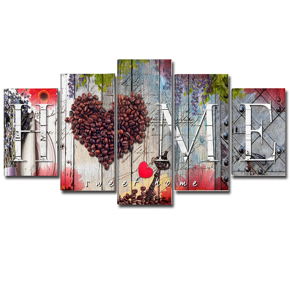 Set of five red oil painting decoration boards in coordinated sizes for gallery wall display