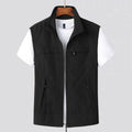 Men's hooded waterproof vest with striped pattern and multiple patch pockets in khaki colour