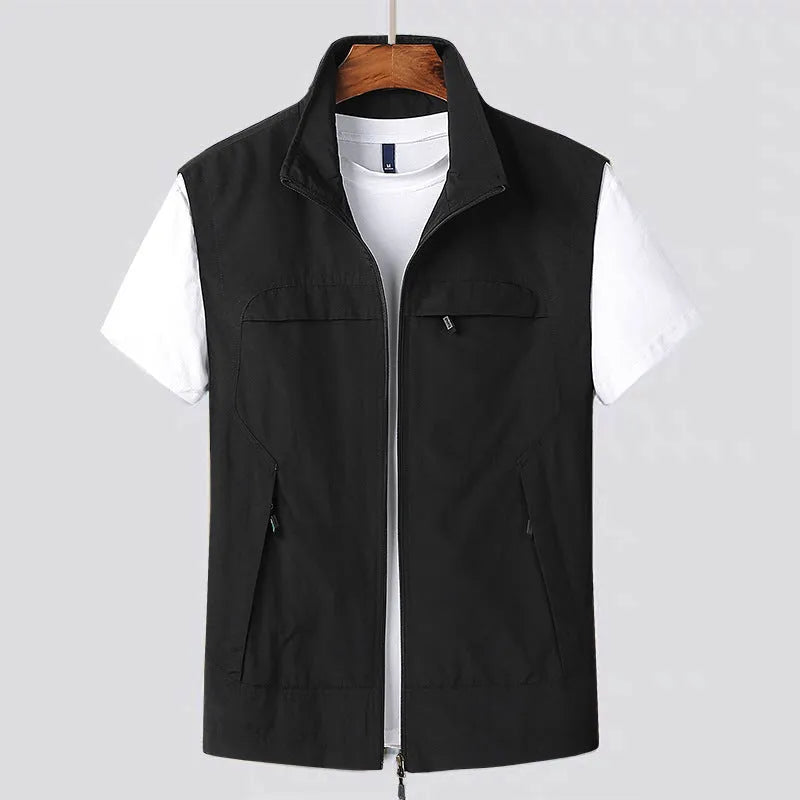 Men's hooded waterproof vest with striped pattern and multiple patch pockets in khaki colour