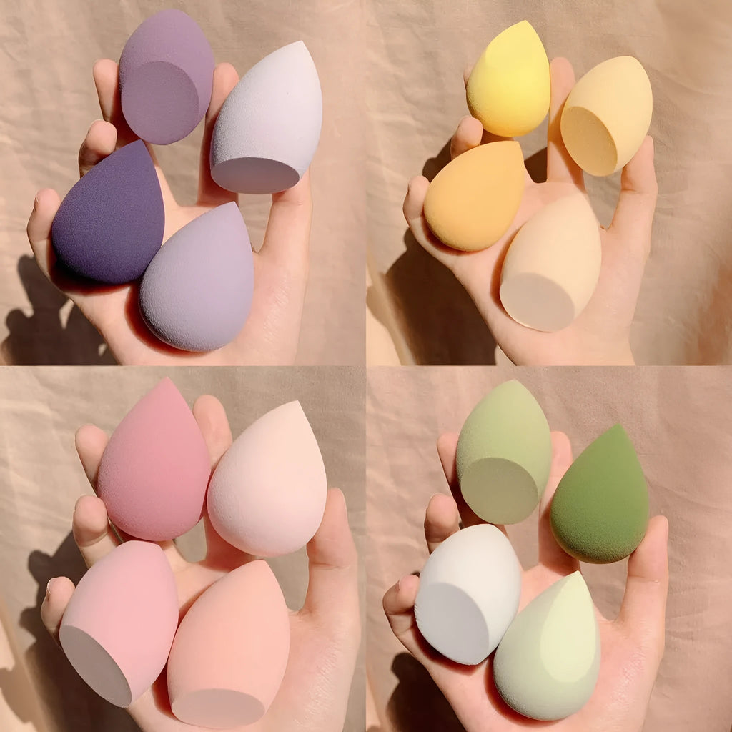 Four coloured synthetic sponge makeup eggs in Grape, Mango, Mint and Peach shades
